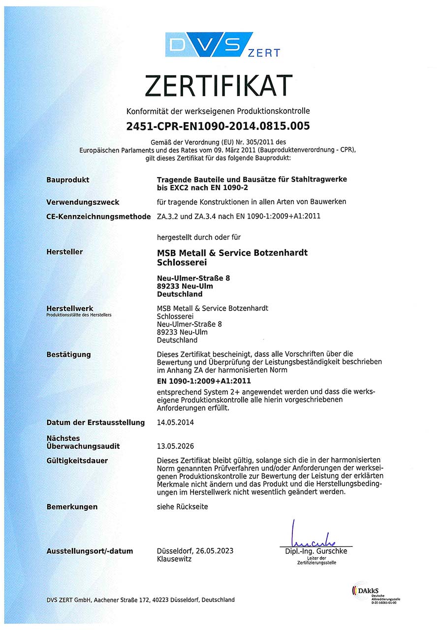 Tragende Bauteile und Bausätze für Stahltragwerke bis EXC2 nach EN 1090-2